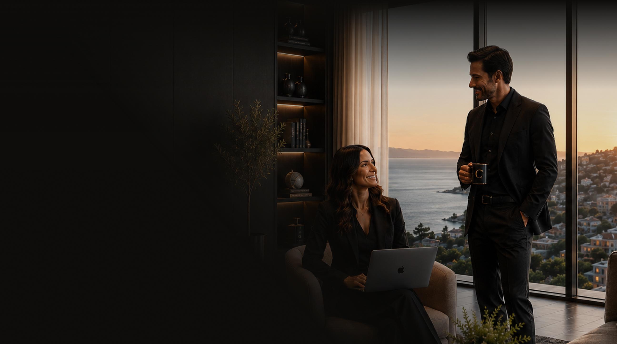 Deux courtiers en discussion dans un salon avec vue sur la ville au coucher du soleil