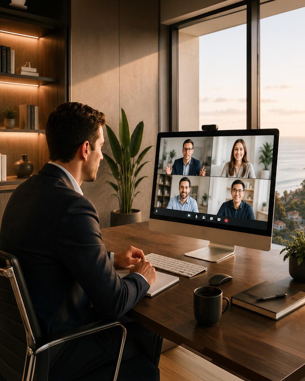 Courtier participant à une séance d'information Zoom depuis son bureau