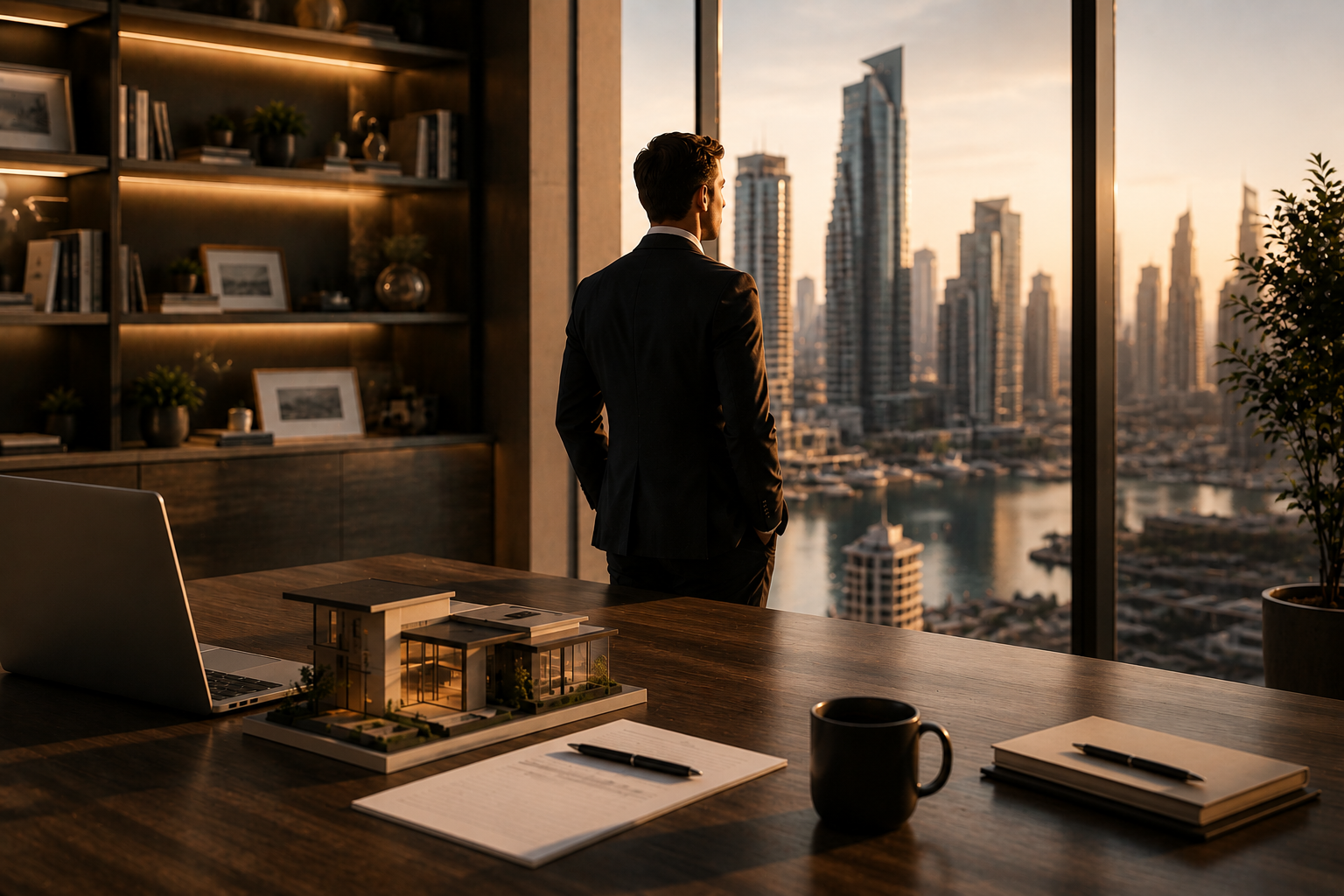 Courtier immobilier de dos, regardant les gratte-ciel depuis un bureau au coucher du soleil