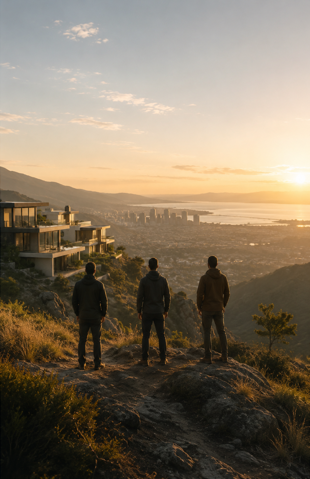 Trois courtiers de dos regardant une ville au coucher du soleil depuis une colline