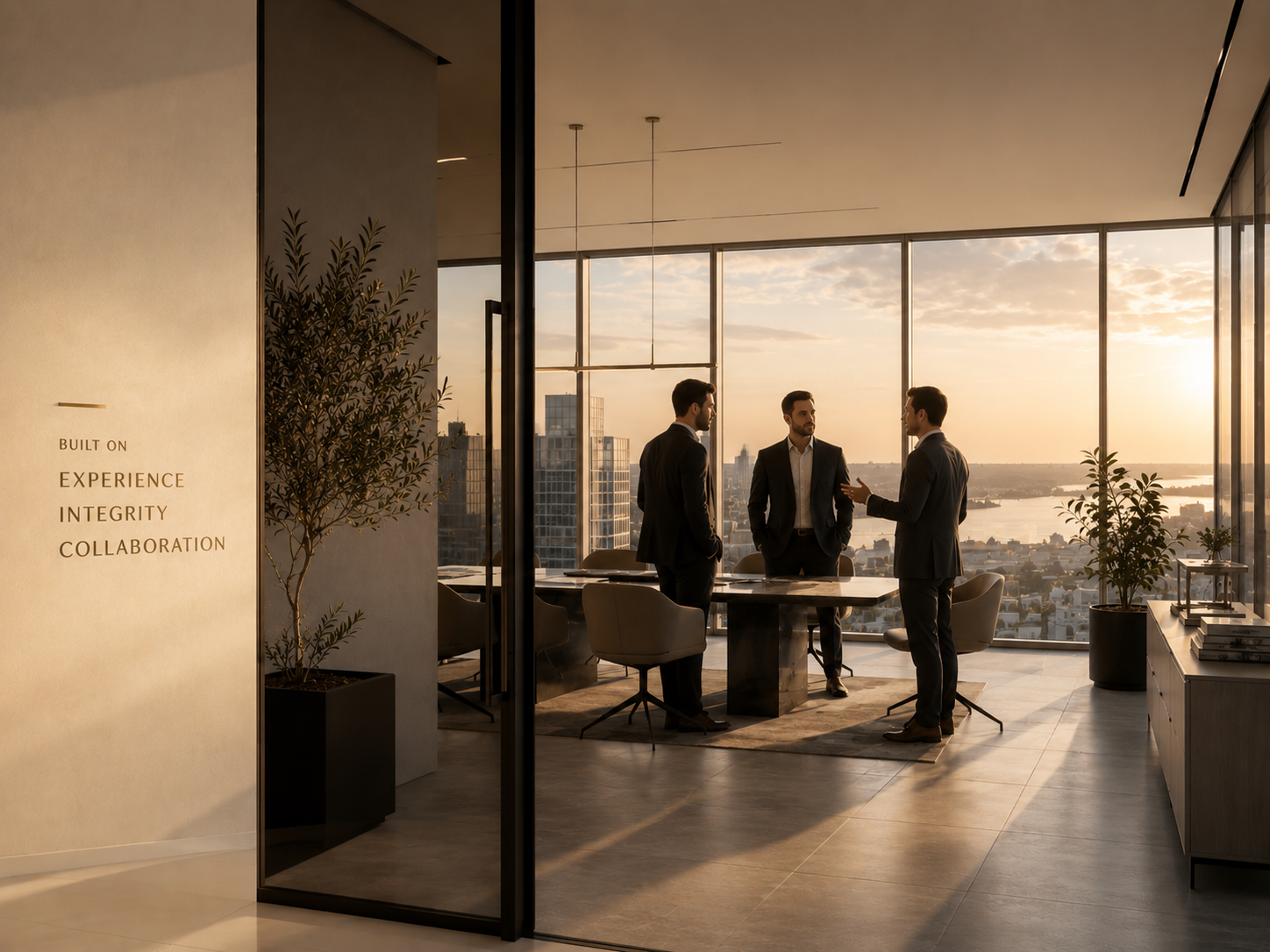Trois courtiers en discussion autour d'une table dans un bureau vitré au coucher du soleil